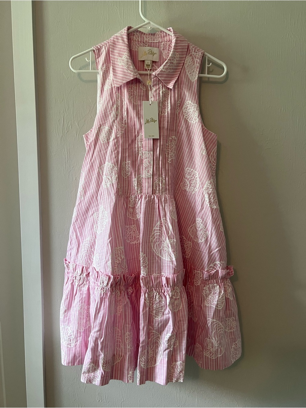 Lilly Pulitzer Pink Sleeveless Tiered Cotton Dress with White Floral Print